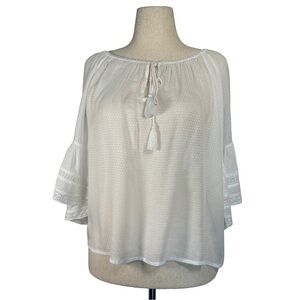 Lucky Brand White Boho Peasant Top Tassel Tie Bell Sleeve Blouse Women’s M